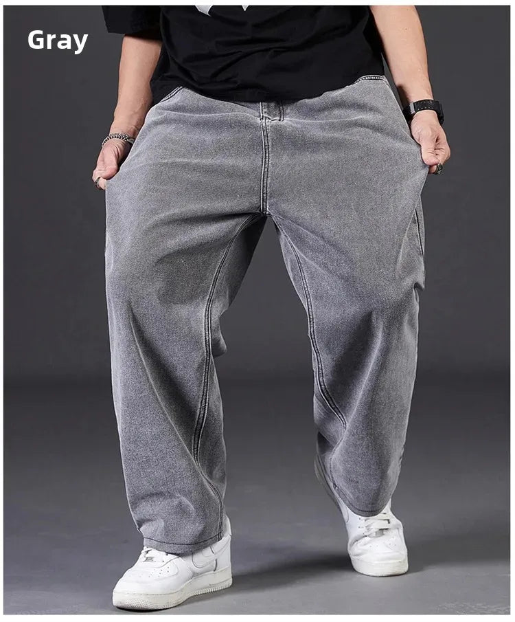Plus Size Jeans Men's Autumn Loose-Fit Straight-Leg Casual Denim Pants Elastic Waist Wide-Leg Design For Plus Size Men.