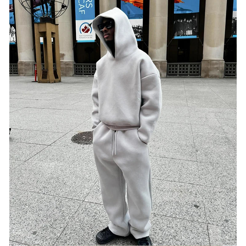 Men Cotton Vintage Tracksuit 2pcs Set Hoodies Straight Pants Casual Loose Hip Hop Sports Hooded Pullover Trousers Y2k Streetwear.