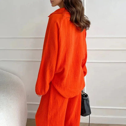 Women's Suit Solid Color Casual Loose 2025 Elegant Spring And Summer Fashion New Long-sleeved Lapel Top + Drawstring Pants Suit.