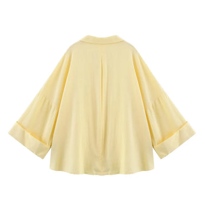 Summer Women's Curled Wide Sleeves Linen Blended Striped Asymmetric Casual Shirt Versatile Collar Linen Blended Printed Shirt.