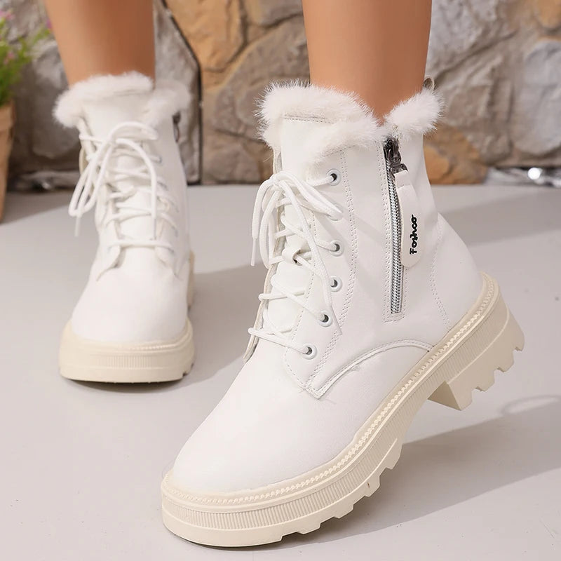 Women's Autumn Winter Ankle Boots Thick Sole Warm Plush Cotton Shoes Woman Fashion Black White Pu Leather Platform Botas Mujer.