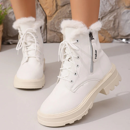 Women's Autumn Winter Ankle Boots Thick Sole Warm Plush Cotton Shoes Woman Fashion Black White Pu Leather Platform Botas Mujer.