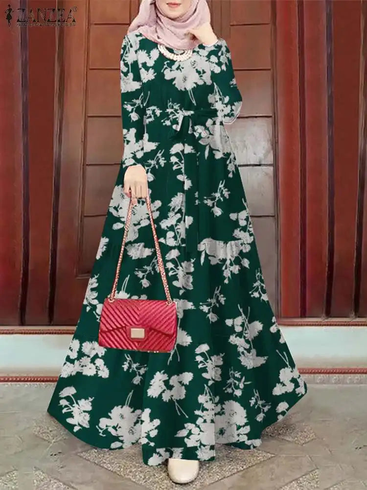 Zanzea Blumen druck böhmischen Maxi kleid Frauen Mode Langarm o Hals abgestufte Vestidos islamische muslimische Gürtel Abaya lange Roben.
