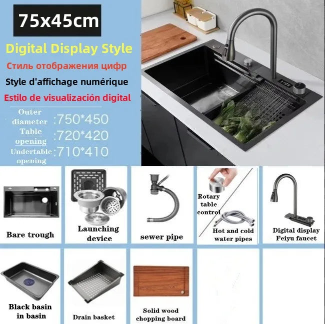 Wasserfall-Küchenspüle aus Edelstahl 304, Zughahn, Einzelschlitz, Hochdruckbecher, Waschmaschine, Café, Weinbar, Waschbecken