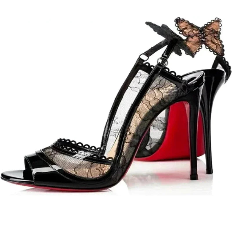 2025 Women's New in Black Lace Butterfly Sexy Pumps Stilettos Peep Toe High Heels Leather Luxury Designer Party Chic Shoes.