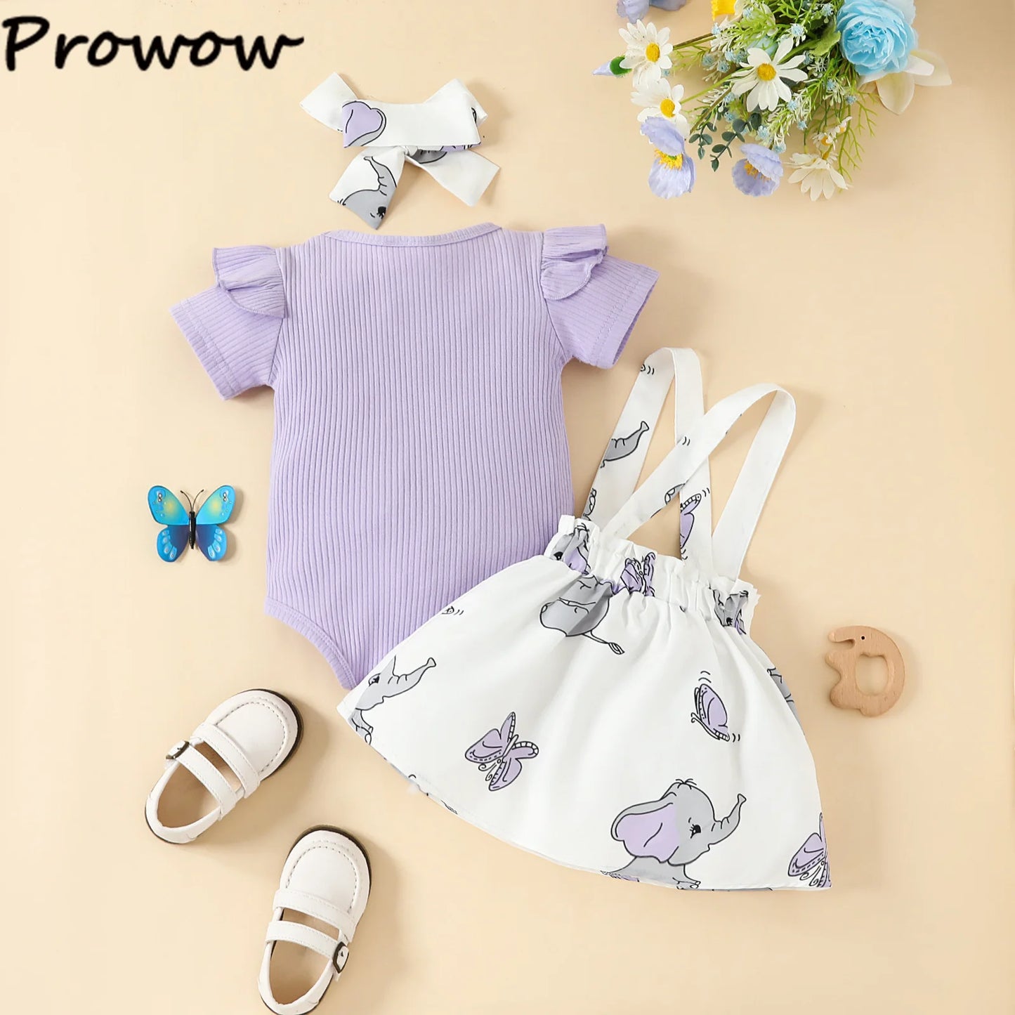 Prowow Günstige Preis Kleidung Baby Mädchen Outfits Set Niedlichen Elefanten Body und Hosenträger Kleid 3 stücke Neugeborene Geburt Set Kleidung.