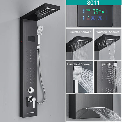 Bathroom LED Light Rain Waterfall Shower Panel Faucet Body Massage Jets Shower Faucet Stainless Steel Tub Spout Shower Column