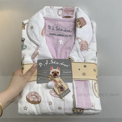 Black Cartoon Sleepwear Long Sleeve Top Pant Soft Cotton Pajamas Suit 2Pcs Embroider Letter Homewear Lady Autumn Loungewear.