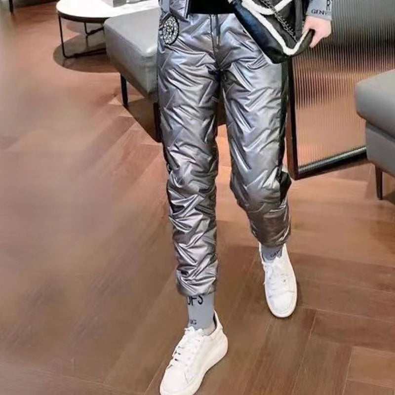 Mode Winter Glänzend Parkas Frauen Anzug Übergroßen Zwei Stück Set Casual Mit Kapuze Baumwolle Gepolsterte Kurzen Mantel + Verdicken Warme Hose Sets