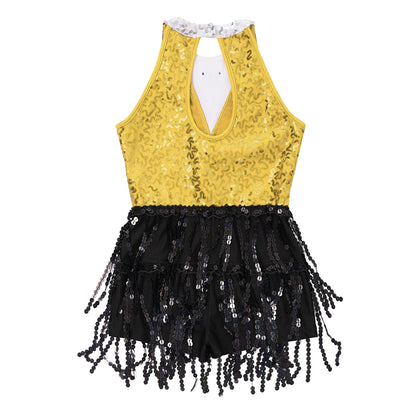 Kind Mädchen Ärmellose Glänzende Pailletten Quaste Boyshorts Kleid Latin Jazz Dance Cha-cha Samba Bühne Leistung Kostüm Dancewear