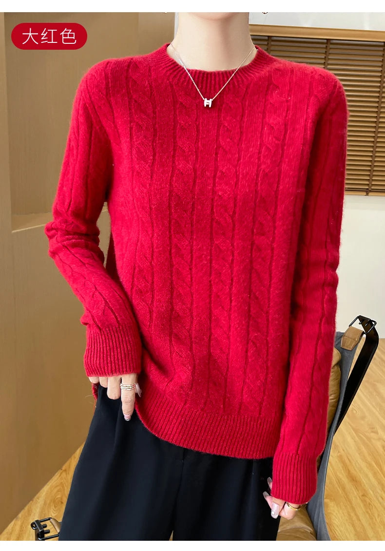 Frauen 100% Merino Wolle Verdickung Pullover Oansatz Gestrickte Twisted Pullover Herbst Winter Kaschmir Langarm Kleidung Basis Tops