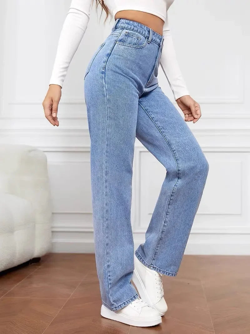High Waist Wide Leg Straight Jeans Women's Light Washed Loose Fit Large Size Casual Trousers Imported from China.