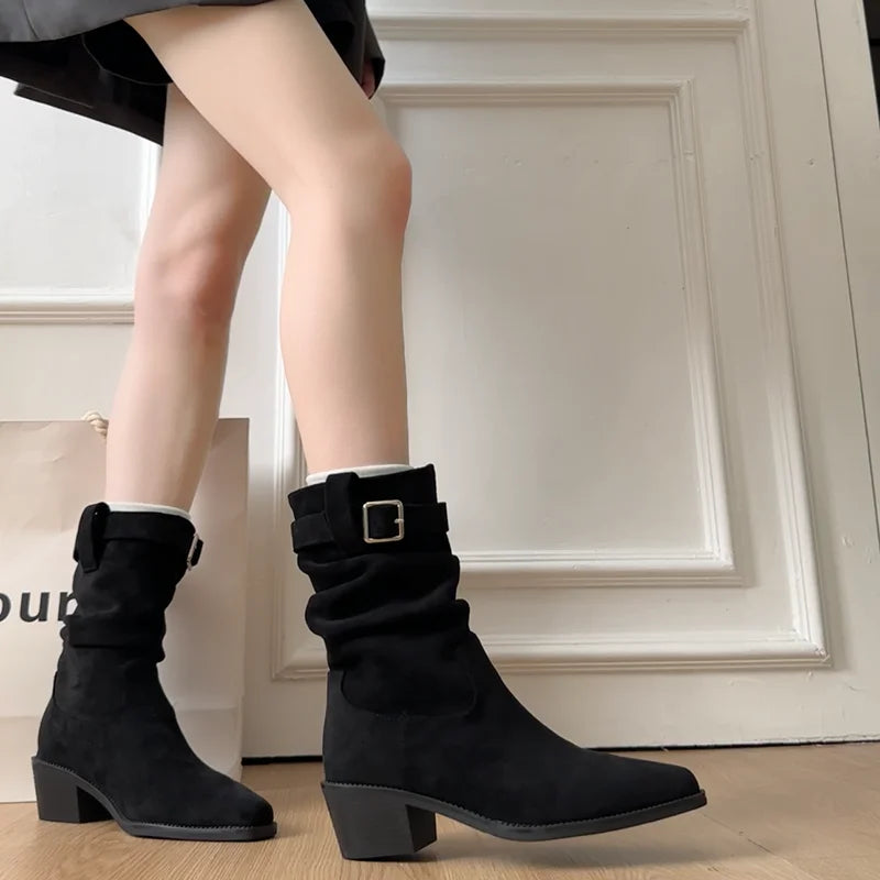 Autumn Winter Suede Pointed Toe Women Ankle Boots Fashion Slip On Thick Heel Shoes Ladies Elegant Slim Short Booties.