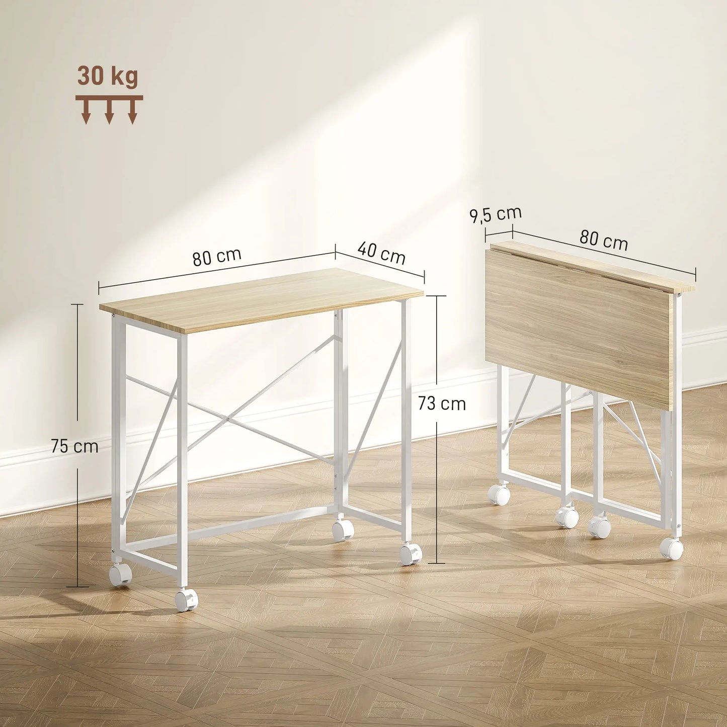 Homcom Klappschreibtisch mit Rollen und widerstandsfähiger Struktur, ideal für Büro und Arbeitszimmer, 80 x 40 x 75 cm, Natur