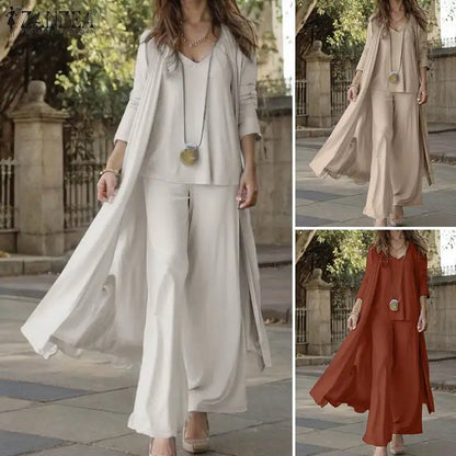 Women Autumn Tracksuits 3pcs Pant Sets ZANZEA Fashion Casual 3-Pieces Sets Solid Tank Tops and Cardigans Wide Leg Trousers Suit.