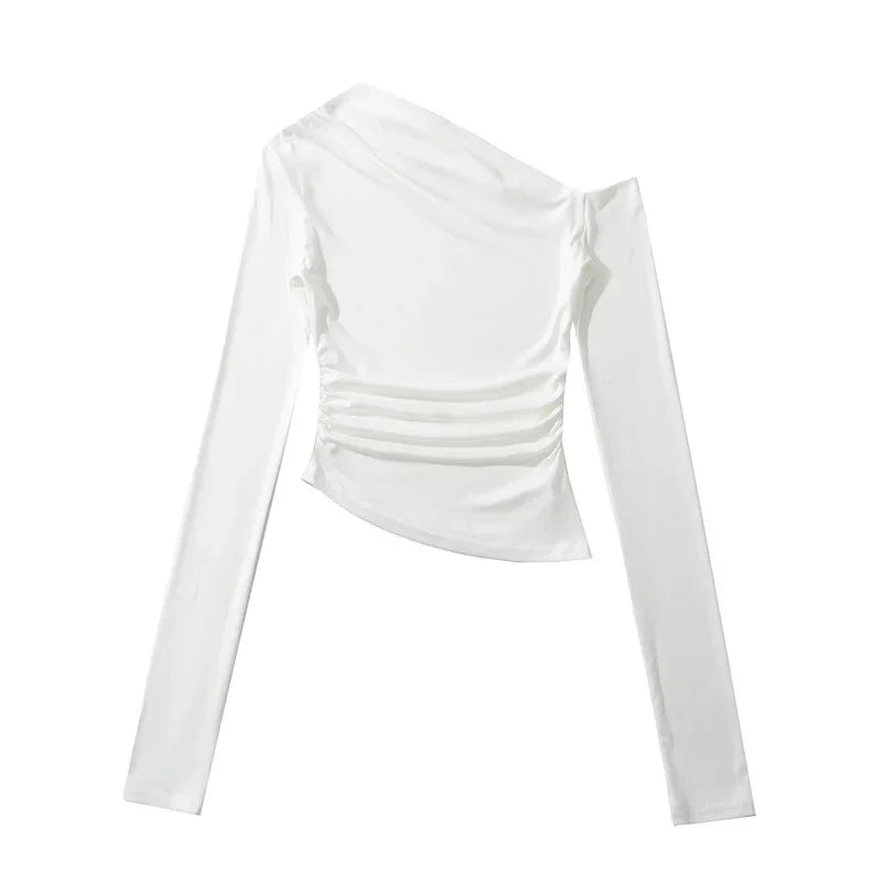 Slim Fit Long Sleeve T-Shirt Irregular Hem Slant Collar Pleated Pure Desirable Sexy Top for Women Fashionable Autumn New Style.