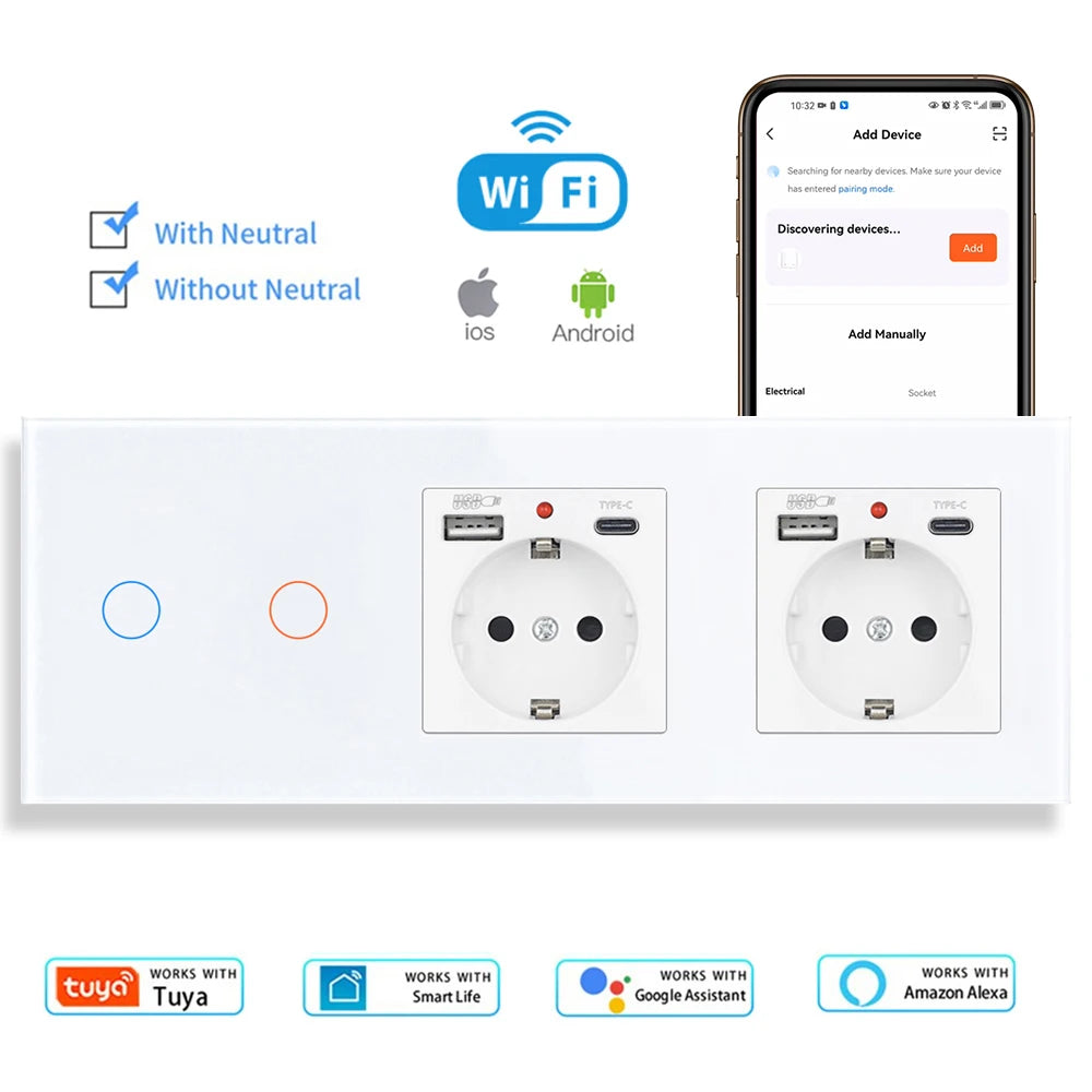 SRAN Smart Switch mit Wandsteckdose 16A EU, Tuya Smart Life Home Touch Sensor WiFi Lichtschalter Weiß