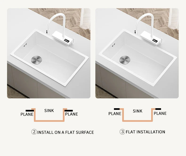 White Stainless Steel Kitchen Sink with Digital Display Multifunction Waterfall Faucet large Wash Basin for Kitchen Accessories