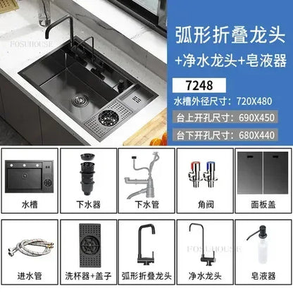 Black Concealed Kitchen Sink with Lid Stainless Steel Multifunctional Bar Built-In Vegetable Sink with Cup Wash Middle Downspout