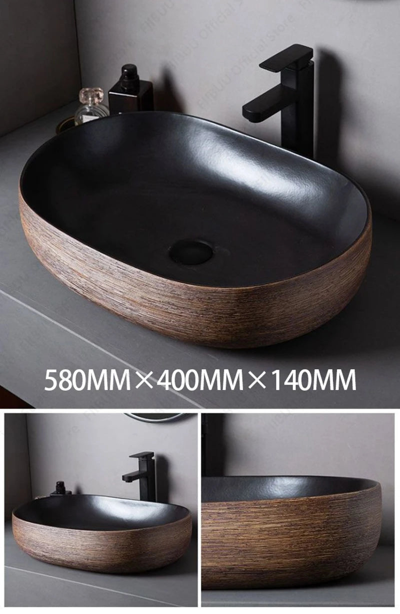 Braunes Porzellan-Keramik-Waschbecken über der Theke, Waschtisch, Schüsselbecken, Badezimmer, Sanitär, Balkon, Tisch, Waschbecken, Arbeitsplatte, ovales Waschbecken