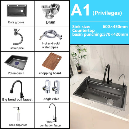 Stainless Steel Kitchen Sink Embossed Large Single-Slot With Kitchen Faucet Multifunctional Washbasin for Apartment