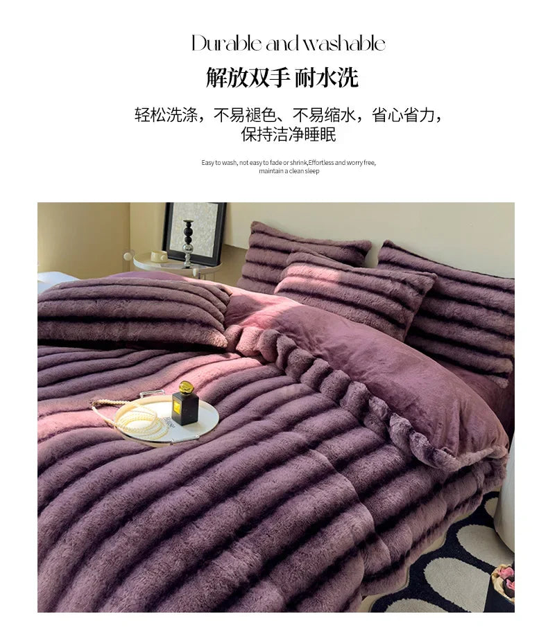 2024 new rabbit velvet milk velvet thickened rabbit fur warm four-piece set, 1.5m 1.8m bed sheet four-piece set.