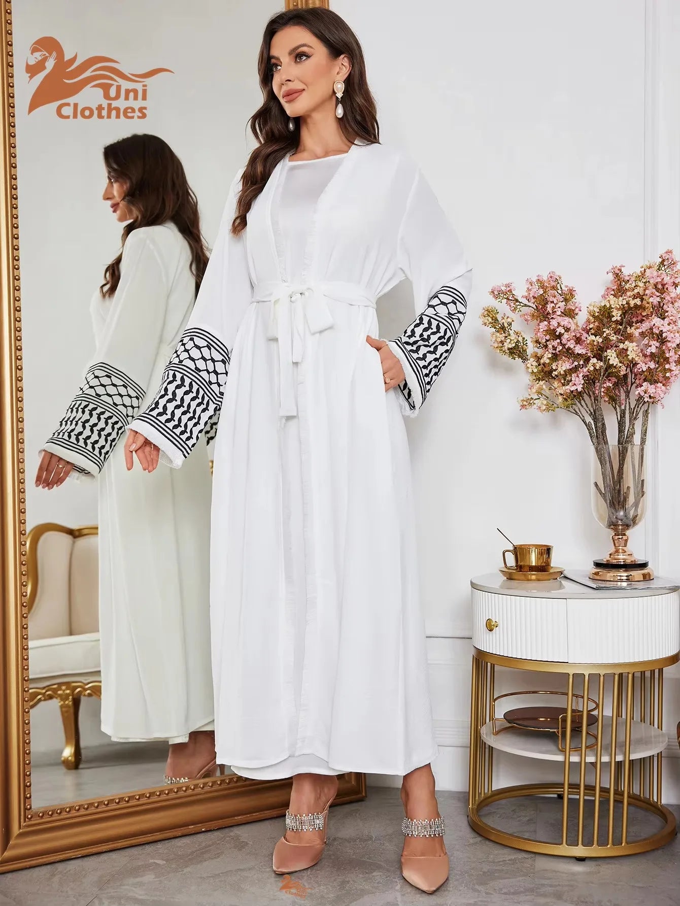 UNI 2024 Ramadan Abaya Kimono Keffiyeh Stickerei Quasten Muslimischen Offene Abayas Frauen Dubai Luxus Islam Strickjacke Kleid Kaftan.