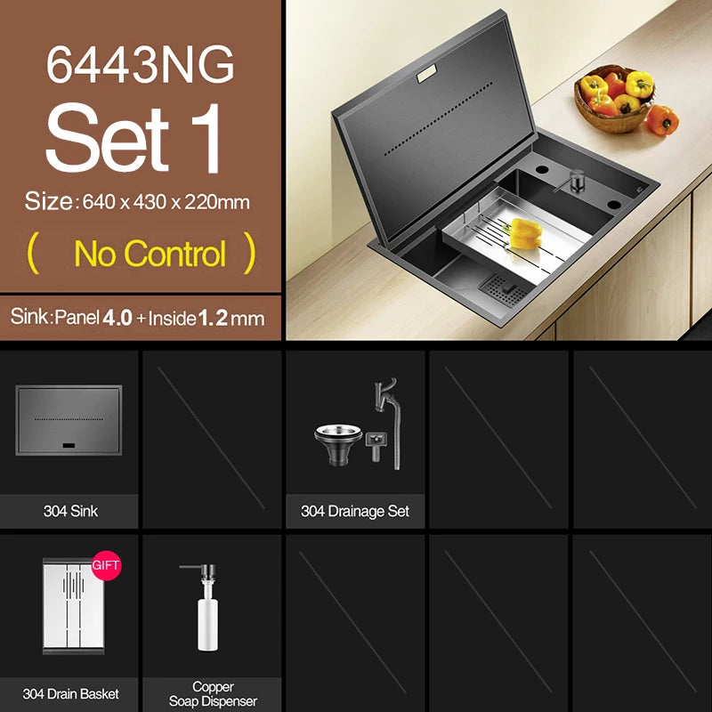 Nanometer Black Hidden kitchen Sink SUS 304 Stainless Steel 4mm Thickness Flip Cover Hidden Handmade kitchen Sinks