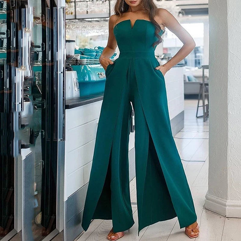 Women Elegant Slash Collar Straight Romper Sexy Off Shoulder Suit One Piece 2023 Fashion Lady High Waist Bow Solid Jumpsuits