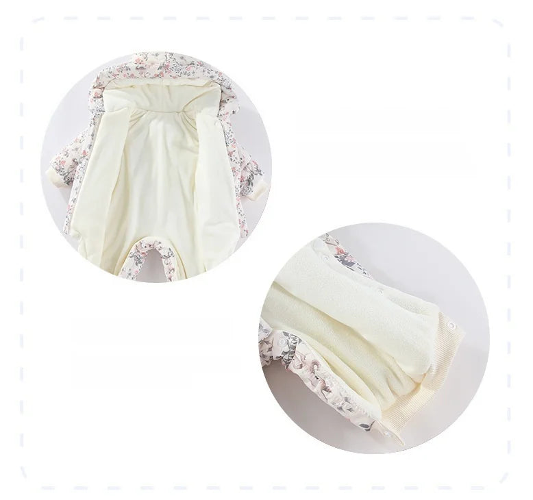 Body für Neugeborene und Mädchen, verdickter, wasserdichter, bedruckter Schneeanzug, 0–24 Monate, Kleinkind-Jungen-Overall mit Kapuze, warmes Winter-Einteiler-Outfit.