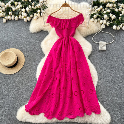 SINGREINY Schickes, ausgehöhltes Kleid mit Stickerei, Rüschen, Spleiß, schulterfrei, elastisch, gerüscht, schlank, 2025, solides, sanftes, langes Urlaubskleid.