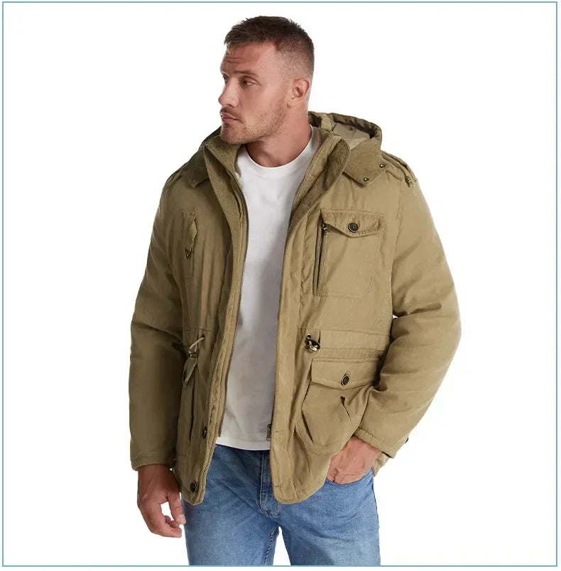 Men's Jacket WINTER USA SIZE Large SIZE Lamb Fleece JACKETS Hooded Cotton Thickened Multi Pocket Casual Mid length Coat