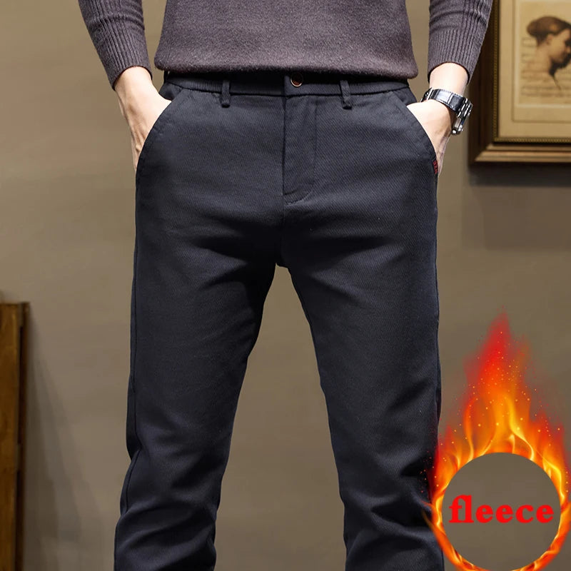 Warm Fleece Pants Winter Man Cowboy Man Thermal Fleece Lined Korean Fashion Slim Thicken Plush Wool Boot Cut Jeans Men