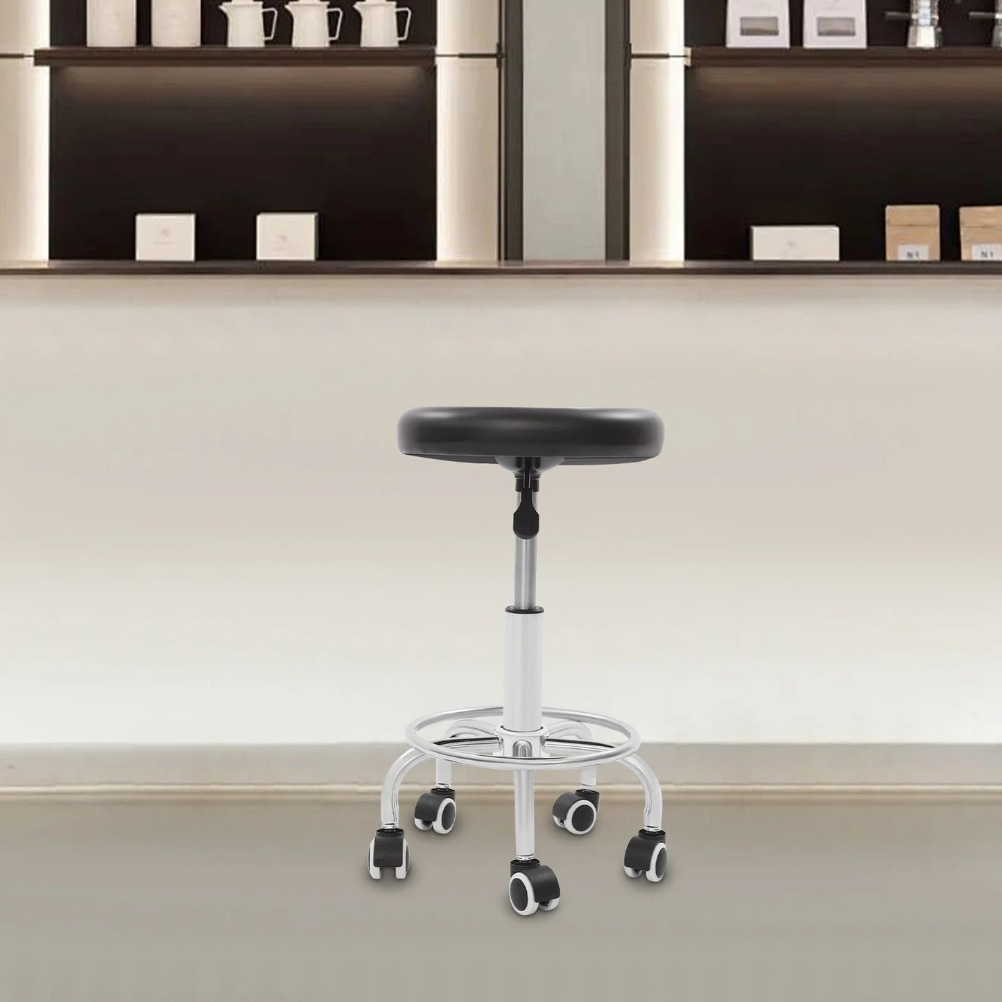 Verstellbarer Drehhocker mit 5 Rädern, 150 kg Fassungsvermögen, mobiler Rollstuhl, Büro, Salon, Labor, Garage, moderner ergonomischer Sitz