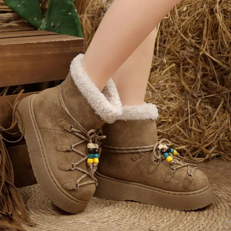 Chunky Platform Non Slip Furry Snow Boots Women 2025 Winter Soft Thick Bottom Warm Plush Ankle Boots Colorful Bead Lace Up Shoes.