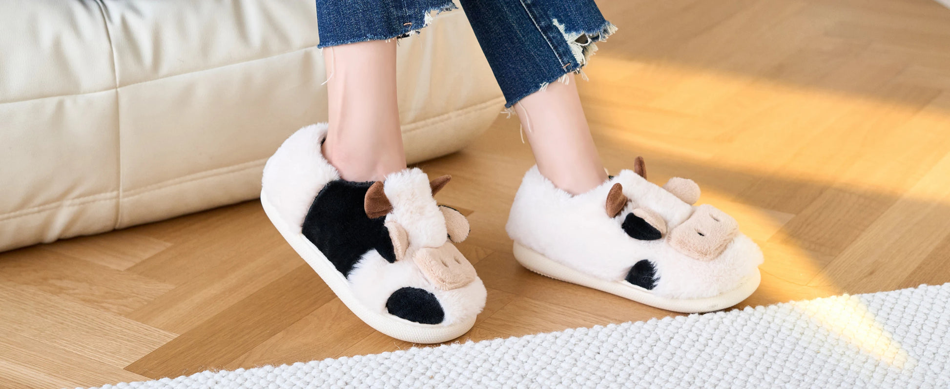 Shevalues Plush Cartoon Milk Cow Slippers Winter Women Slippers Furry Non-Slips Women Cotton Slides Couples Soft Cozy Flat Shoes.