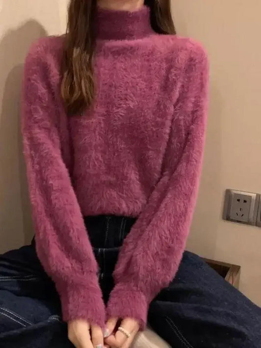 2025 frauen Gestrickte Tops Winter Imitieren Nerz Wolle Heißer Fleece Weibliche Rollkragen Elastische Beiläufige Pullover Weiche Warme Pullover.