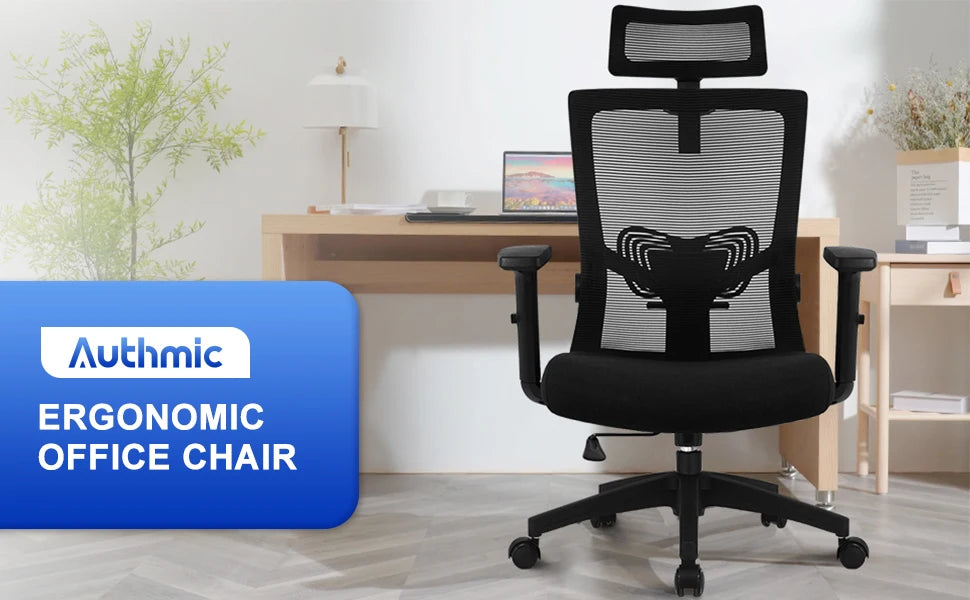 AUTHMIC Ergonomischer Bürostuhl aus Netzstoff, verstellbarer, drehbarer Computer-Schreibtischstuhl mit Liegestuhl 90er ° -135 Lordosenstütze für das Heimbüro