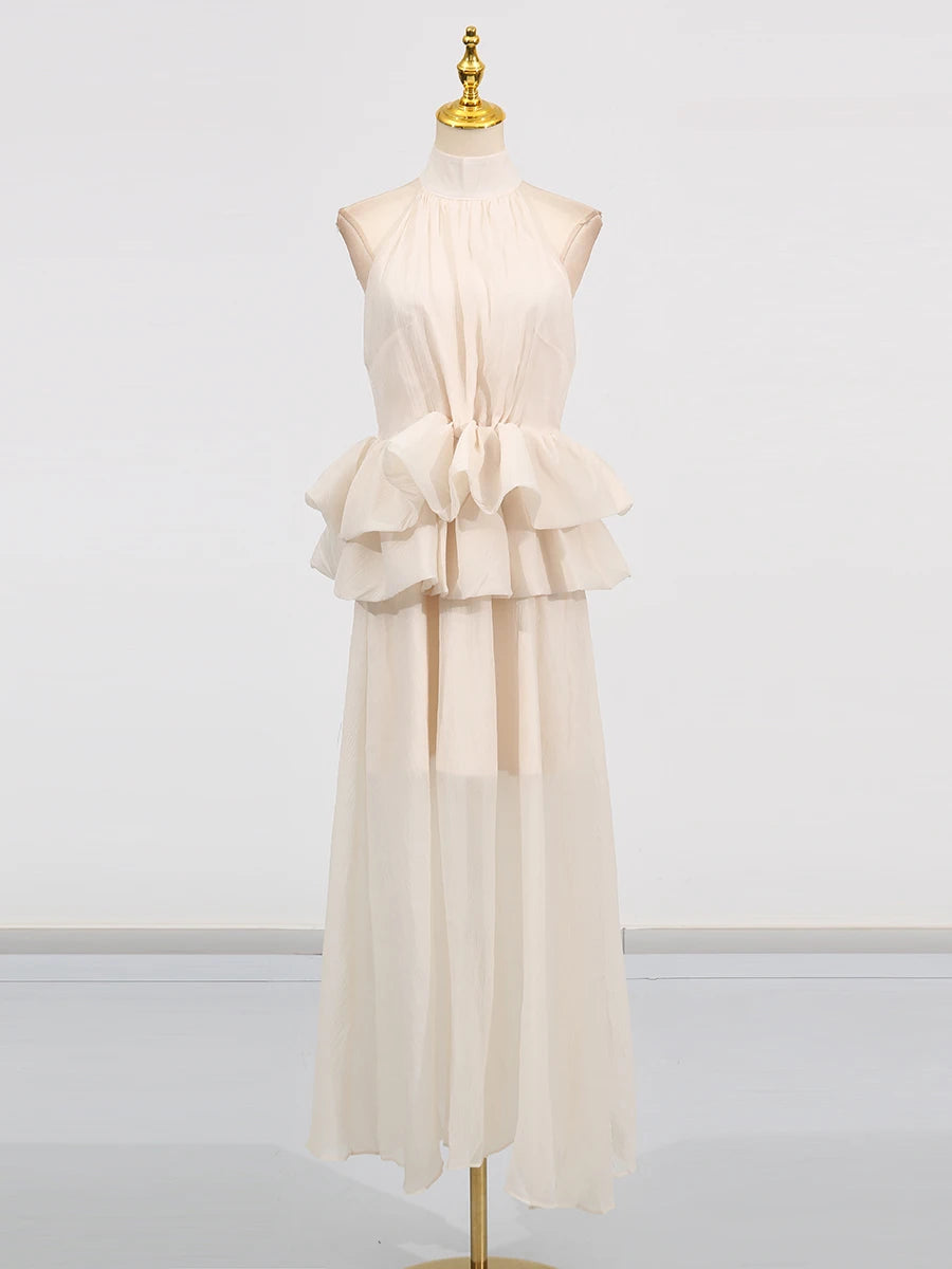 VGH Solide Abend Gespleißt Rüschen Maxi Kleider für Frauen High Neck Ärmellose Tunika Temperament Zeremonie Kleid Weibliche Kleidung.