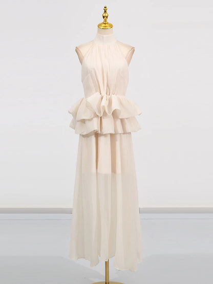 VGH Solide Abend Gespleißt Rüschen Maxi Kleider für Frauen High Neck Ärmellose Tunika Temperament Zeremonie Kleid Weibliche Kleidung.