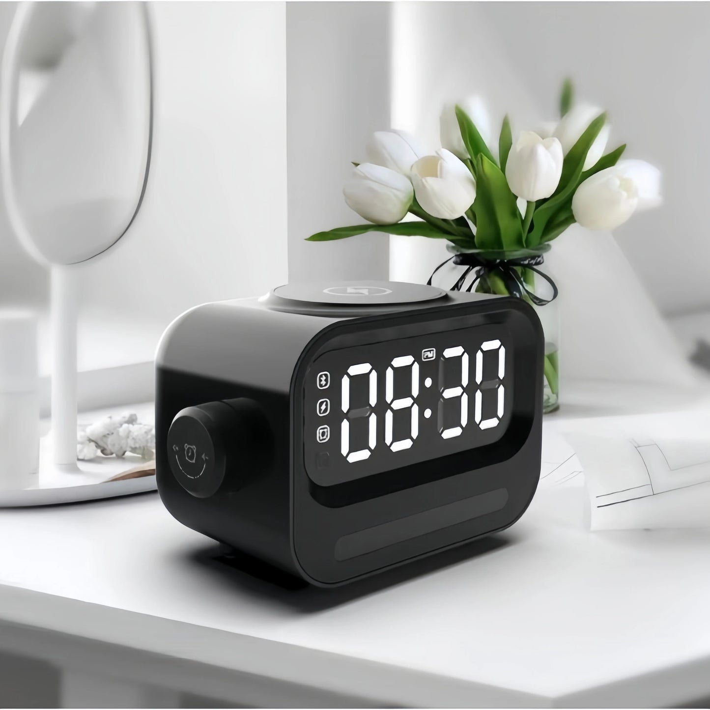 Modern Bluetooth Alarm Clock loudspeaker with 15W Wireless Charging, Night Light & Ambience Light.