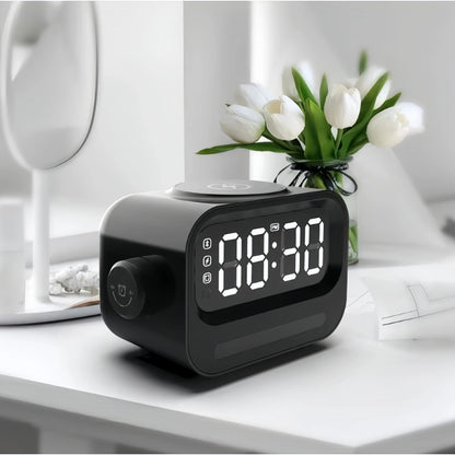 Modern Bluetooth Alarm Clock loudspeaker with 15W Wireless Charging, Night Light & Ambience Light.