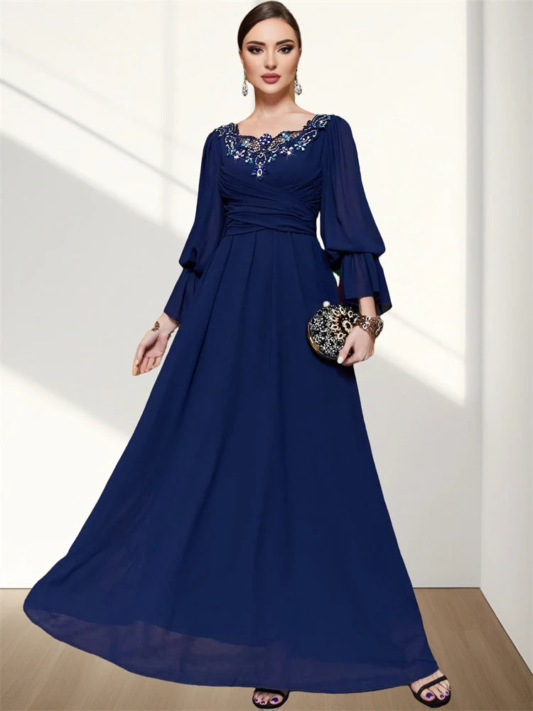 Ramadan Eid Fashion Chiffon Blue Abaya Dubai Luxury Prayer Clothes Women Turkey Islam Muslim Dresses Kebaya Robe Femme Musulmane.