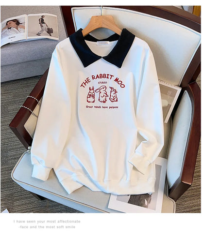 175kg plus size Damen büste Frühling Herbst loser Polo kragen Kaninchen besticktes Sweatshirt schwarz weiß 5xl 6xl 7xl 8xl 9xl.