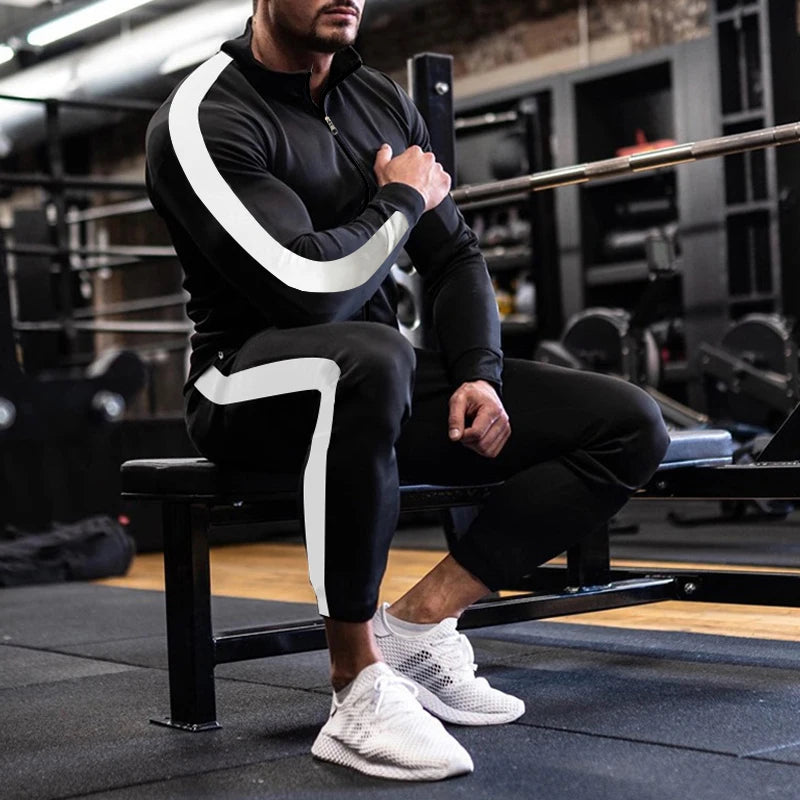 2025 Europe and the United States Spring and Autumn Outdoor New Leisure Men's Sports Suit Color Contrast Outdoor Men's 2 Pieces.