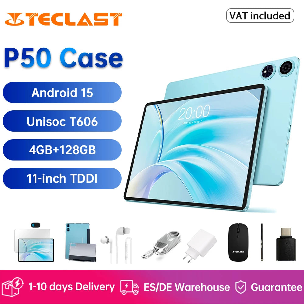 Teclast P50 Case Tablet 11-inch TDDI Display Android 15 Unisoc T606 Octa-core Processor 4GB RAM+128GB ROM 1280x800 7000mAh BT5.0.