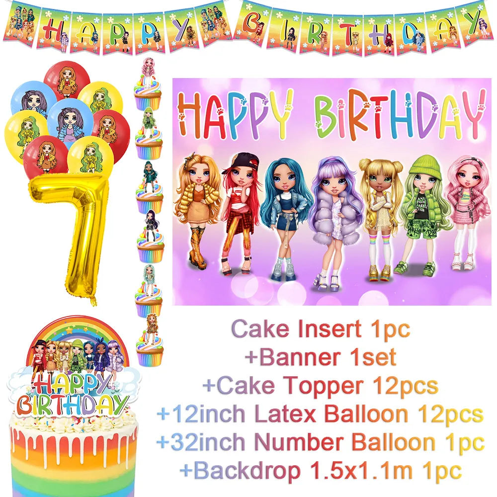 Cartoon Regenbogen Puppe High School Thema Hintergrund Geburtstag Party Dekoration Lieferungen Einweg Tasse Besteck Ballon Baby Geschenk