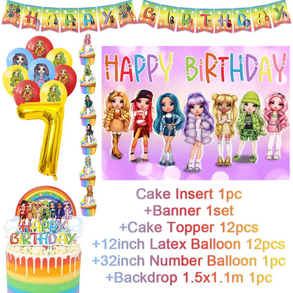 Cartoon Regenbogen Puppe High School Thema Hintergrund Geburtstag Party Dekoration Lieferungen Einweg Tasse Besteck Ballon Baby Geschenk