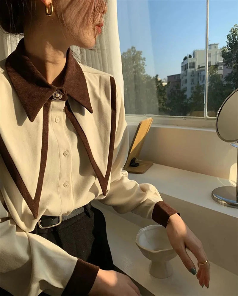 MEXZT Vintage Chiffon Shirts Women Elegant Patchwork Long Sleeve Blouses Office Lady Korean Black Turn Down Collar Casual Tops.