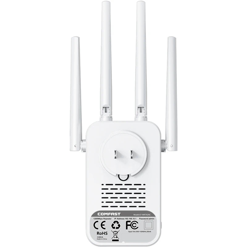 Comfast 1200Mbps Wifi Repeater 2.4/5G Dual-band Wireless WIFI Extender Smart Screen Home Router 4 Antennas WPS/RESET EU Plug.